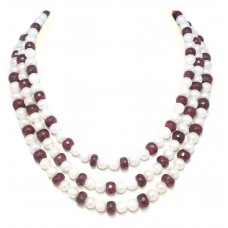 Strand Ruby Natural Beads Pearl Necklace Diamond Cut 3 Line Gem Stone D821
